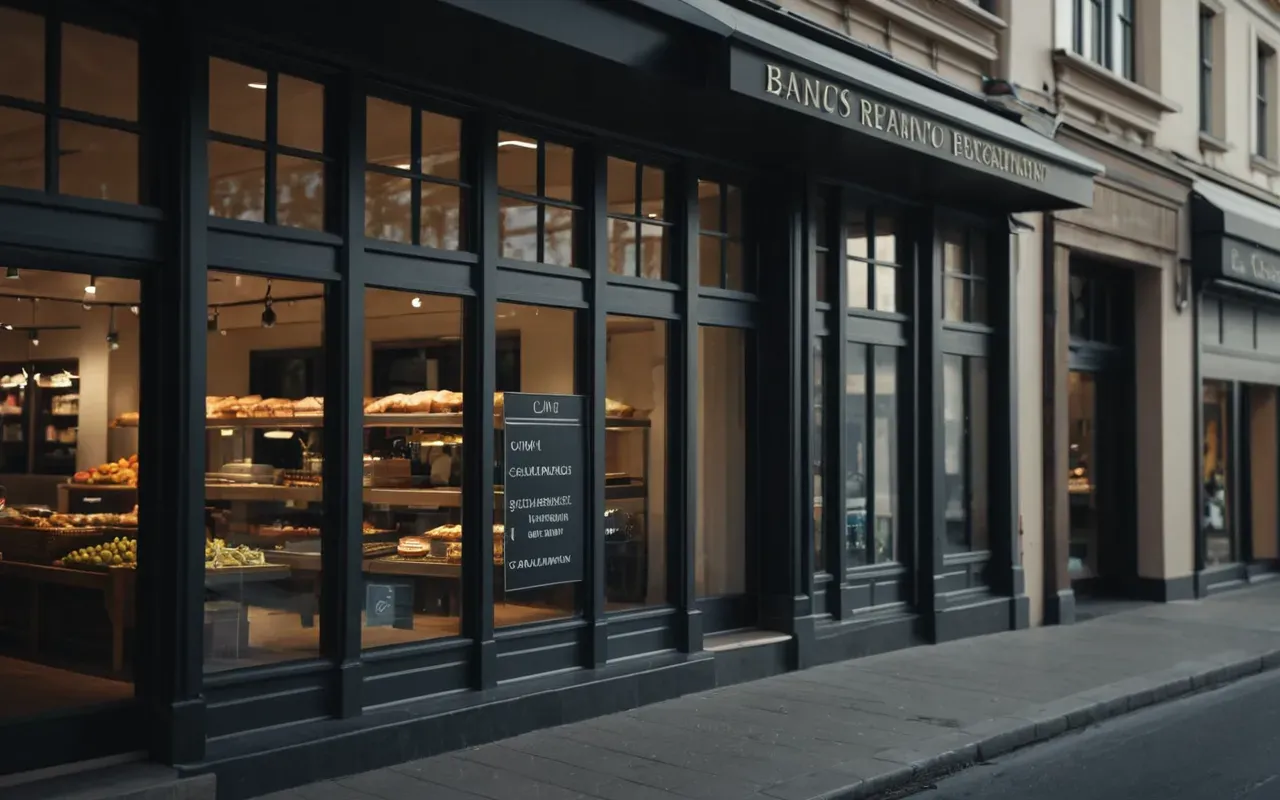 storefront design A modern storefront with large glass windows and warm interior lighting visible from the street outside. The scene is clean and inviting without any text or signage.