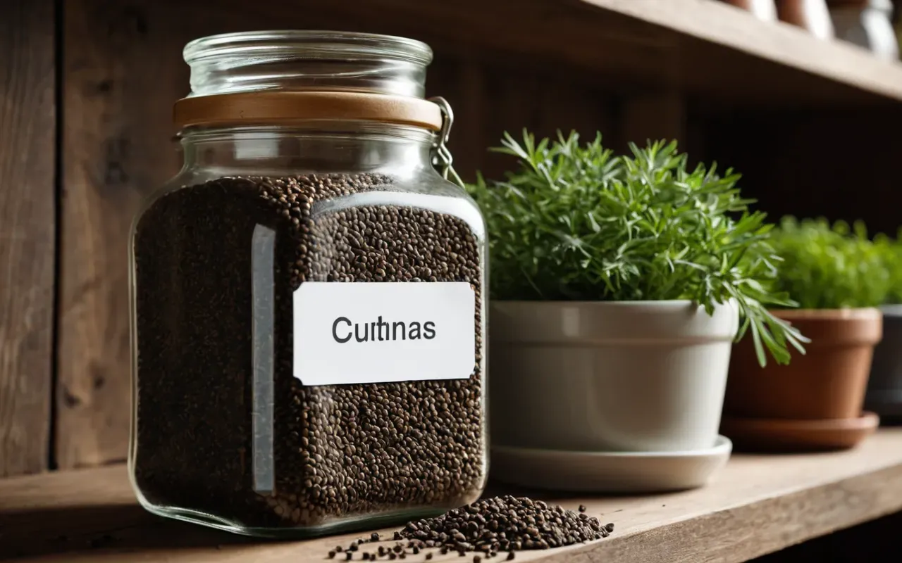 storing used coffee grounds A neat stack of dried dark brown granules in a clear glass jar sitting on a wooden shelf next to green potted herbs