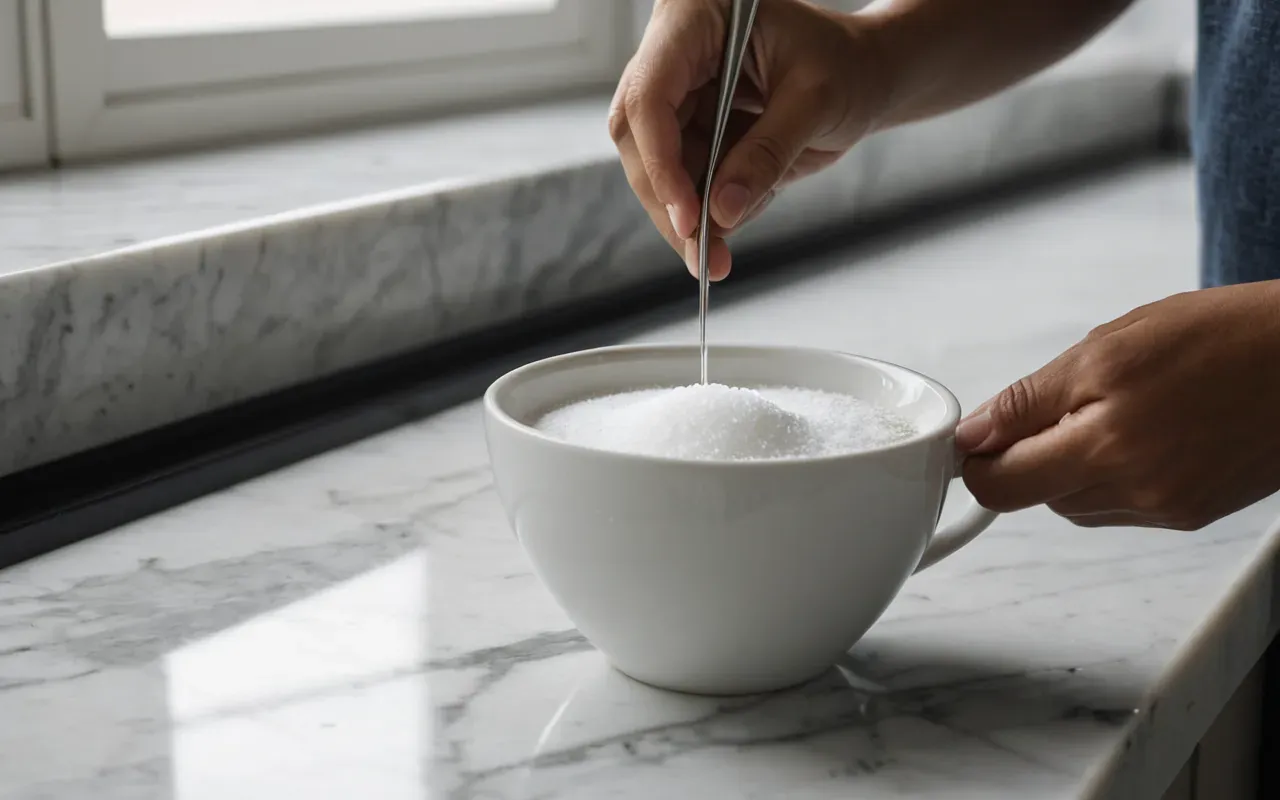 A person adding a spoon of sugar to a white ceramic cup on a clean marble countertop with soft natural light.