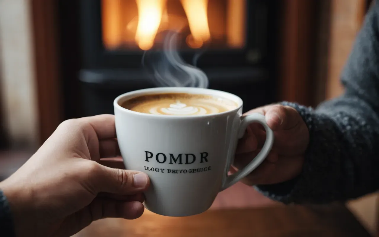comforting morning coffee ritual A person holding a ceramic cup of steaming coffee with both hands in a cozy warm indoor setting with soft blurred background.