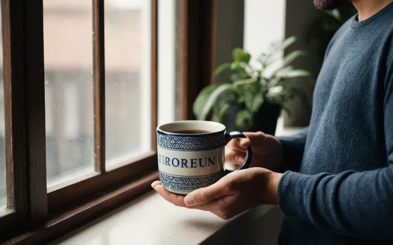 A person holding a ceramic mug with both hands near a window with soft morning light and plants visible on the windowsill.