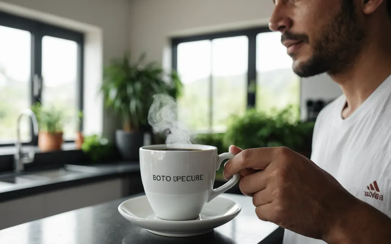 A person holding a white ceramic cup of black coffee with steam rising near their face in a bright modern kitchen with blurred background showing green plants.