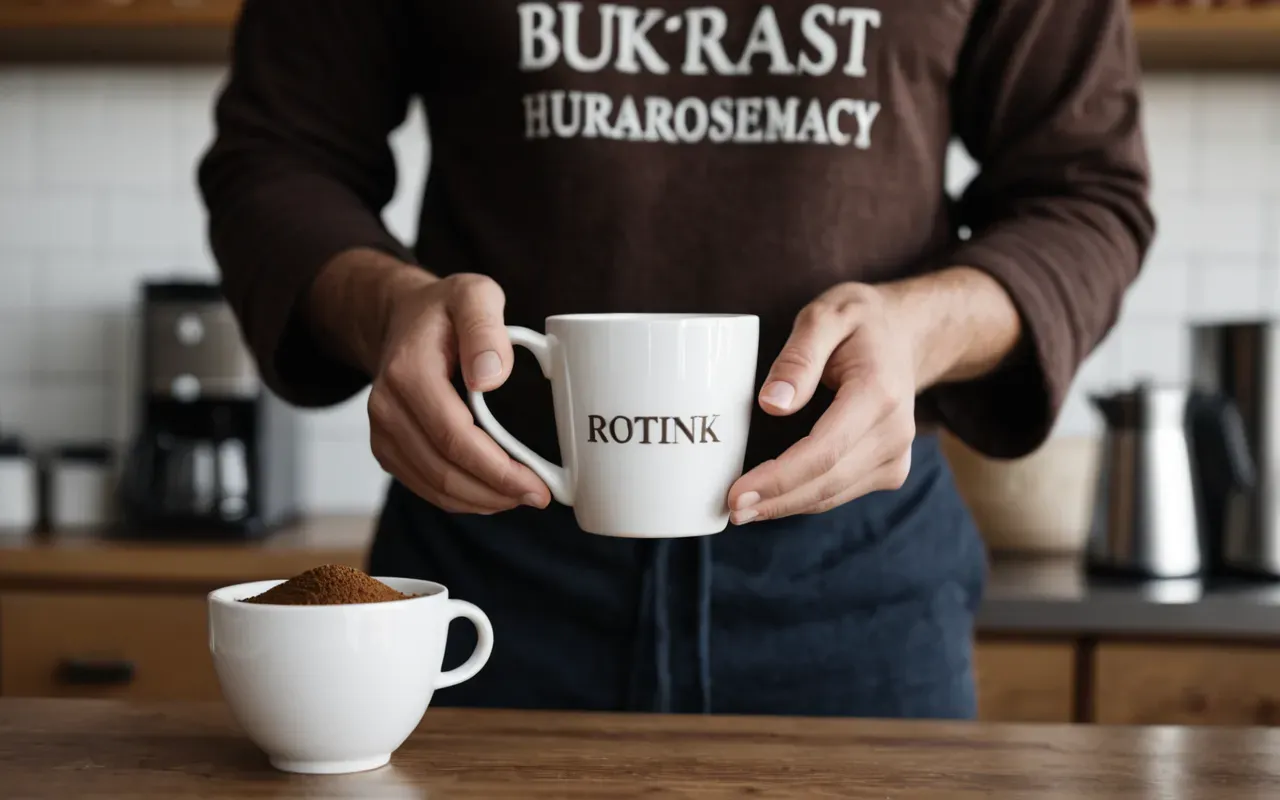 A person holding a white ceramic mug with both hands near their chest. The background is blurred but shows a modern kitchen counter with a coffee grinder and a bag of beans.