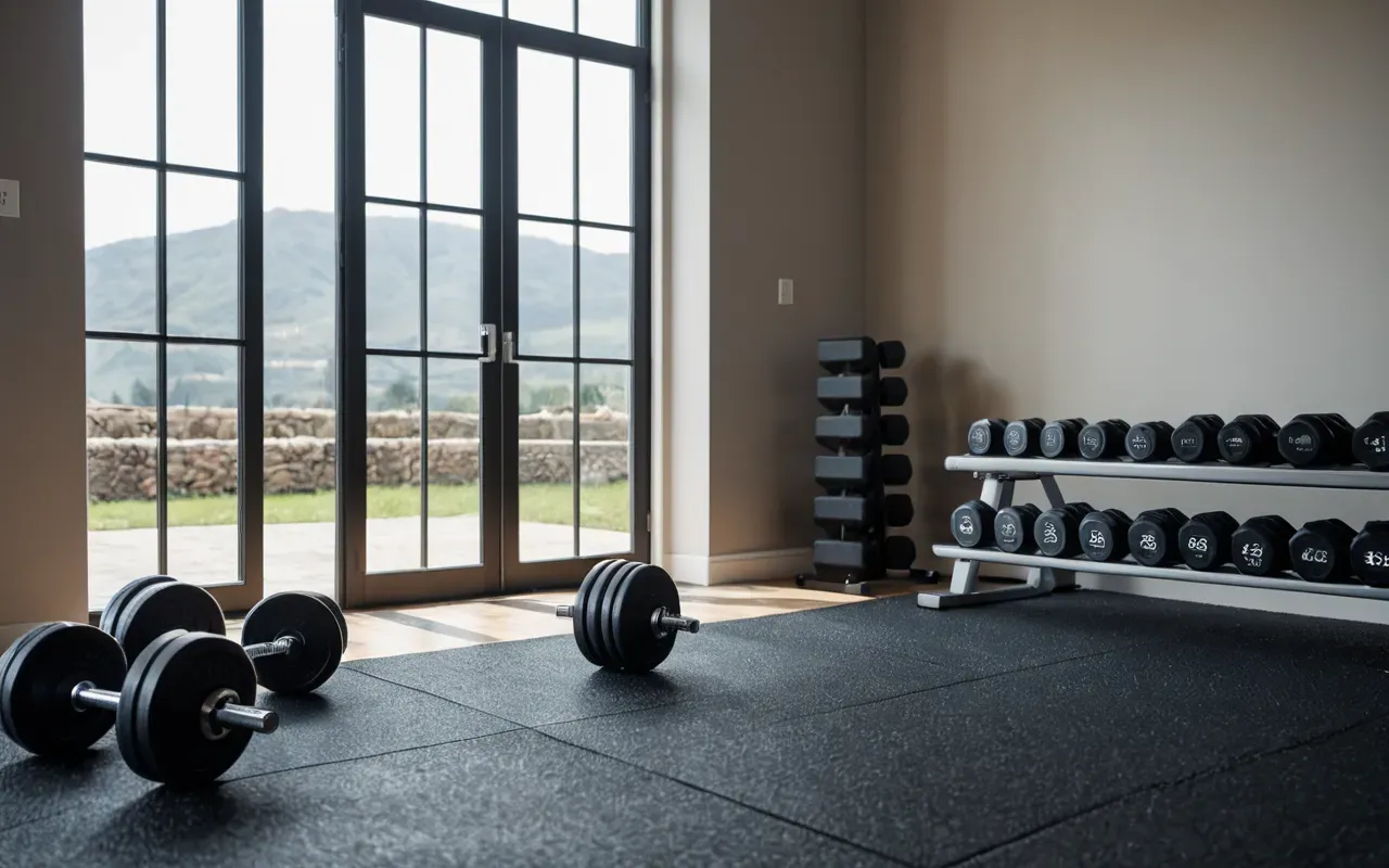 A person in athletic wear standing near a home gym setup with dumbbells on the floor and a large window letting in bright daylight.