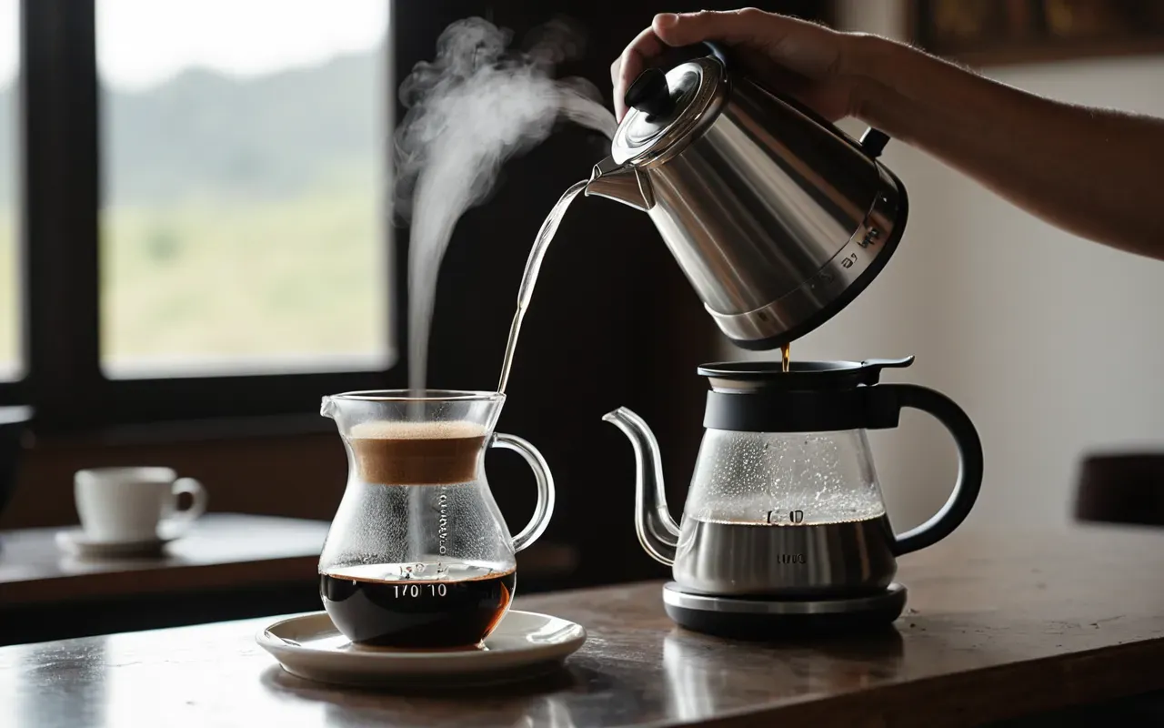 A person pouring hot water from a glass kettle into a ceramic pour over dripper placed on top of a clear carafe with steam rising gently in soft natural light from a nearby window creating a calm cozy kitchen atmosphere.