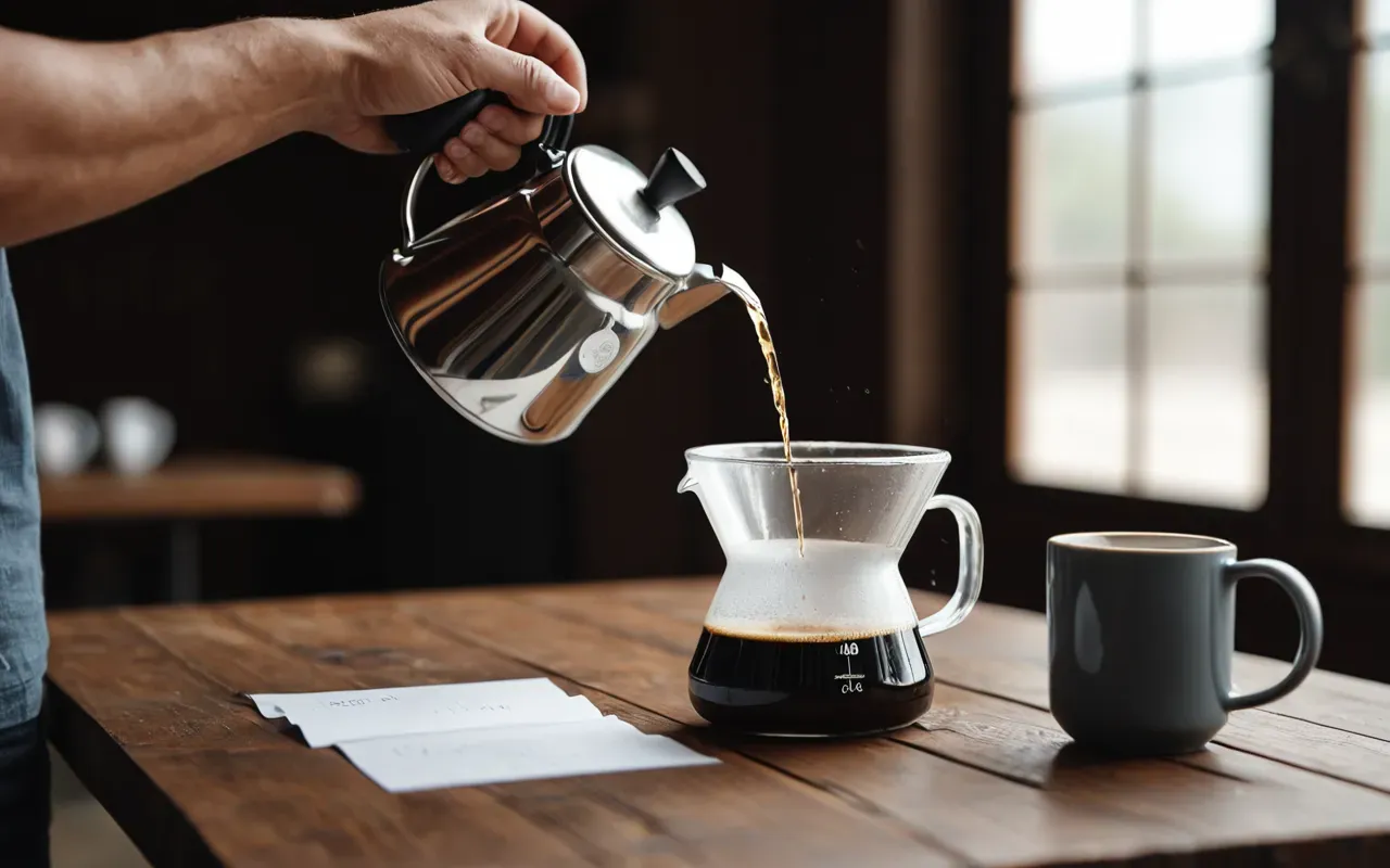 A person pouring hot water from a gooseneck kettle into a glass coffee dripper with a paper filter on a wooden table