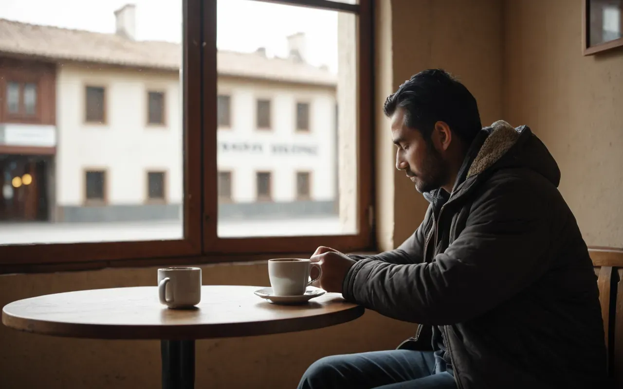A person sitting alone at a small table near a bright window holding a warm mug of coffee. The room is quiet and calm with soft shadows falling across the light wood floor.