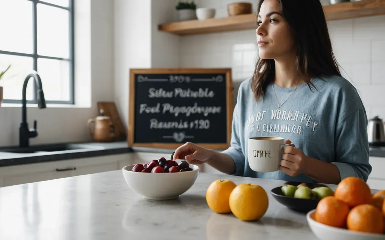 A person sitting at a modern kitchen counter holding a mug of coffee with a healthy bowl of fruit nearby in bright natural light.