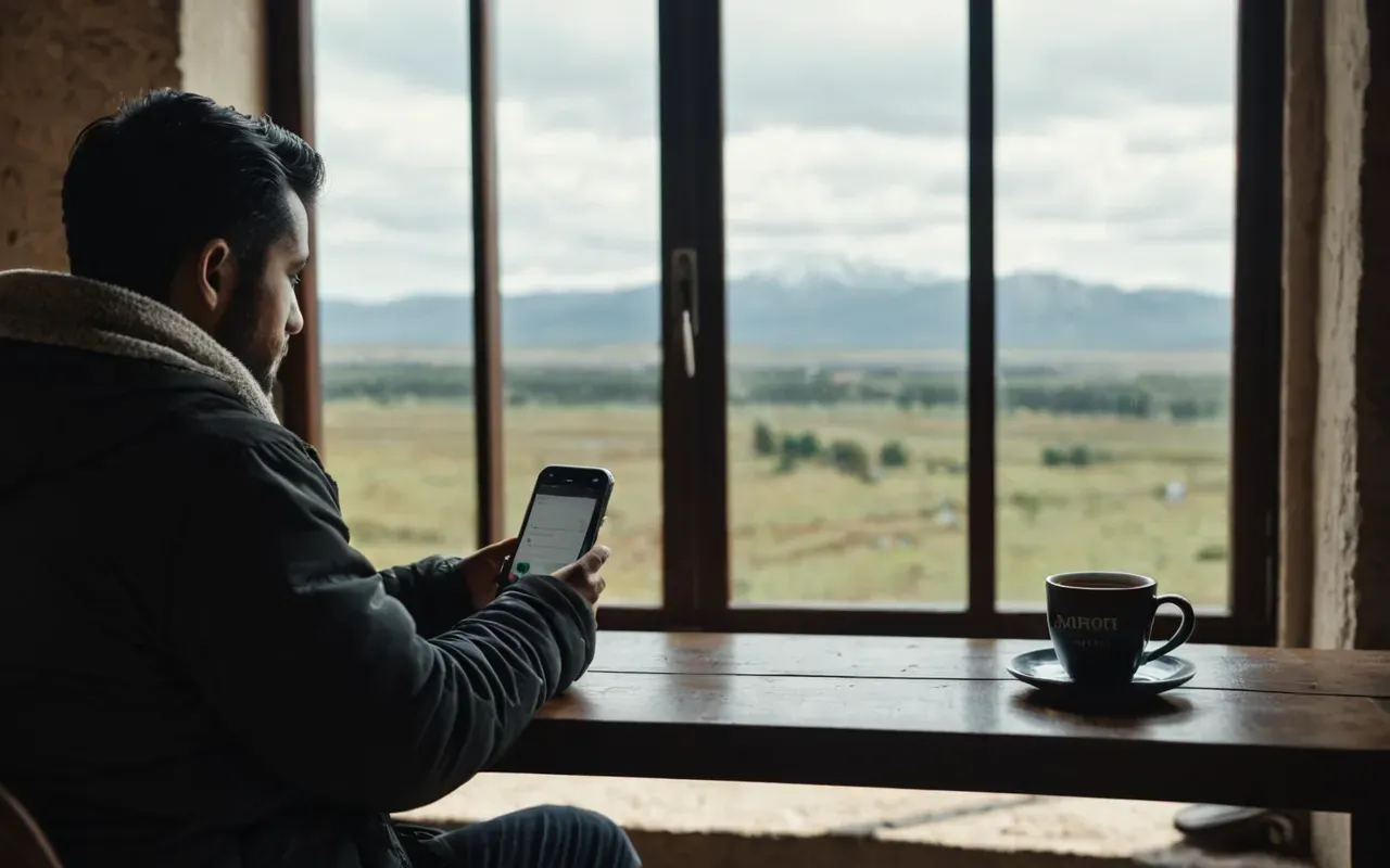 A person sitting at a window with a cup of hot beverage in their hands looking out at a blurry landscape while holding the phone away from the table surface showing only the back casing and no screen content visible.