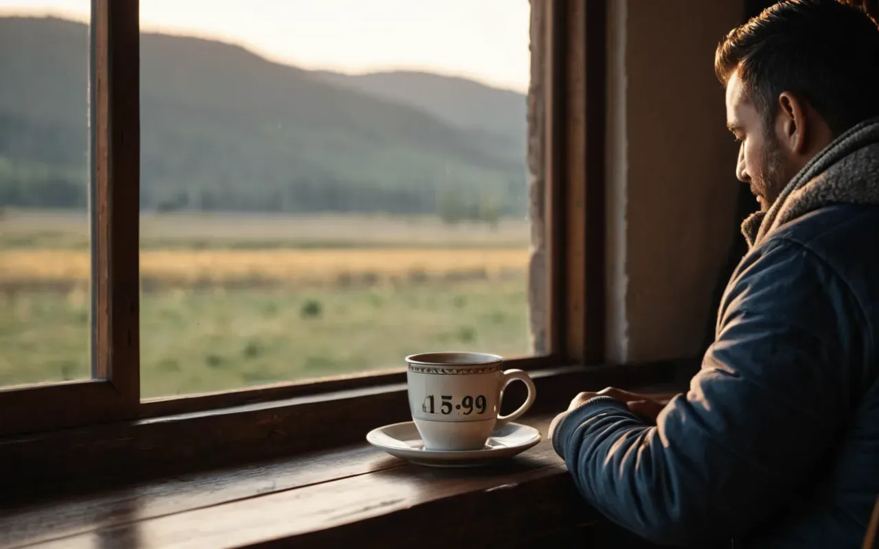 relaxing afternoon coffee break scene A person sitting at a wooden table holding a warm mug with both hands while looking out of a large window in soft evening light.