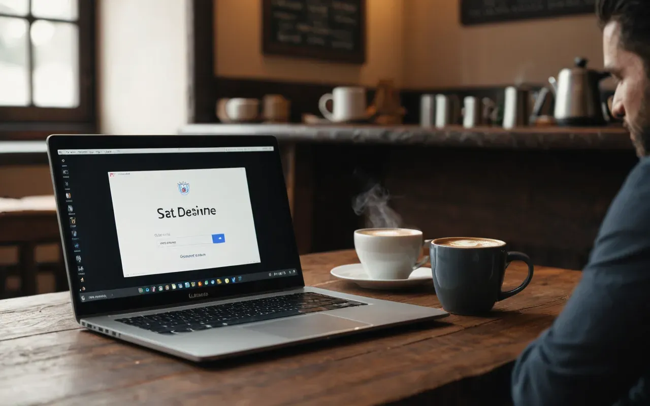 working environment with warm beverage companion A person sitting at a wooden table with an open laptop and a steaming mug of coffee in the soft light.
