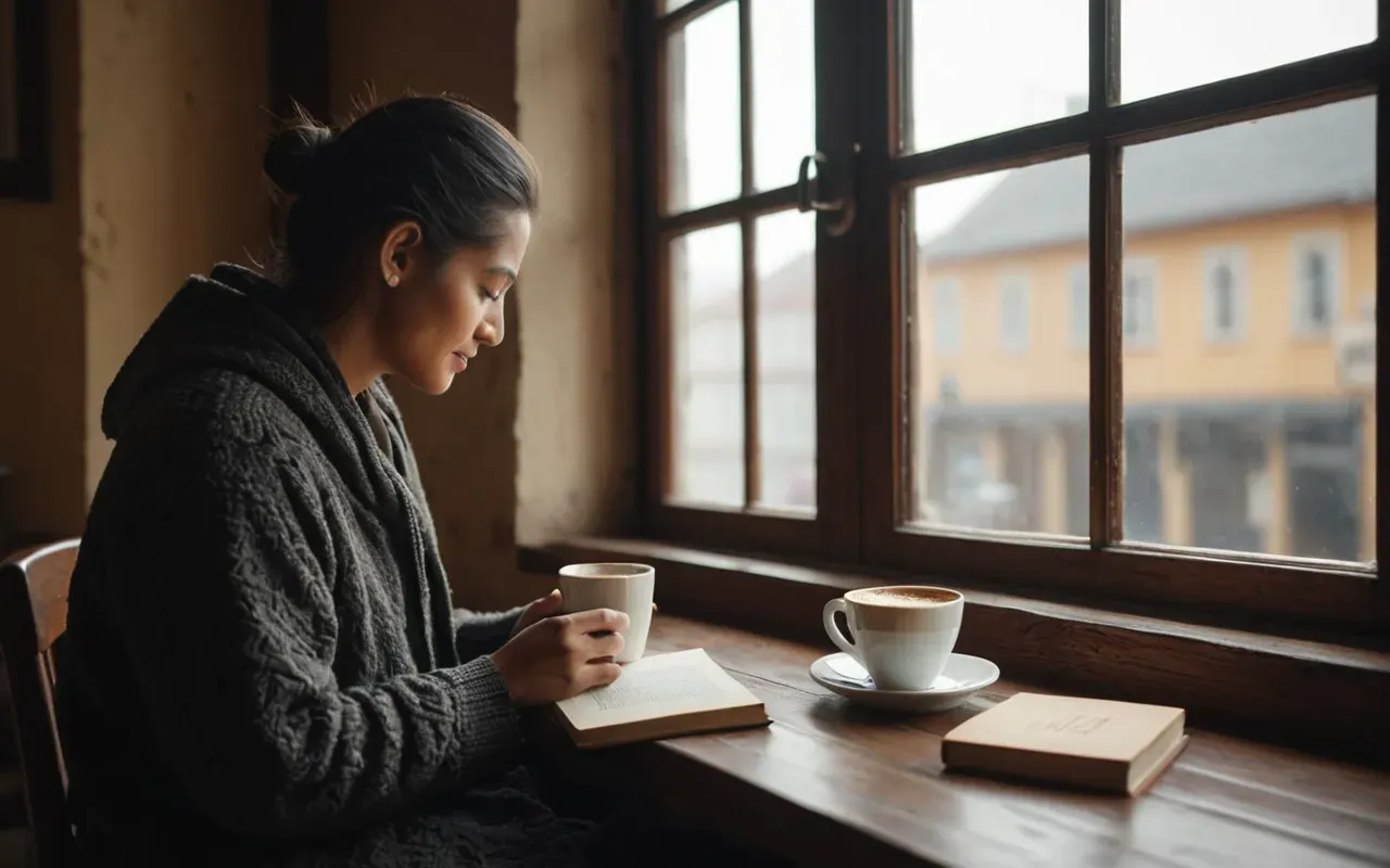 A person sitting by a window enjoying a steaming cup of coffee in the soft morning light with a book nearby