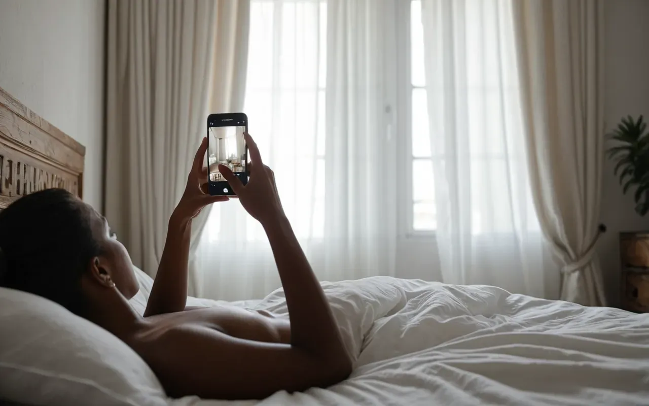A person waking up in bed with soft morning light streaming through sheer white curtains holding a smartphone above their head