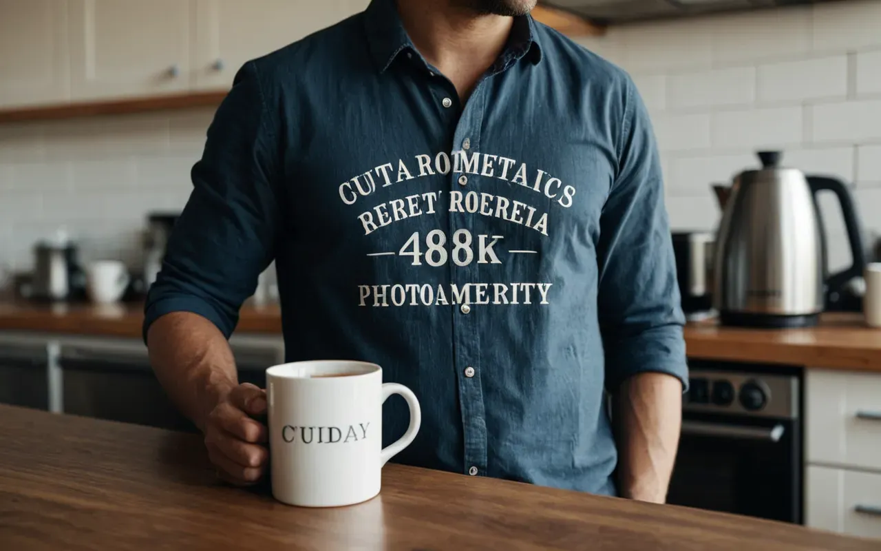 home brewing preparation scene A person wearing a casual shirt standing in a kitchen holding a white mug while looking at a glass coffee carafe on the counter.