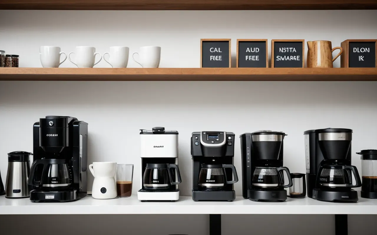 comparison display of brewing appliances A row of different coffee makers lined up on a white shelf with soft studio lighting highlighting their shapes.