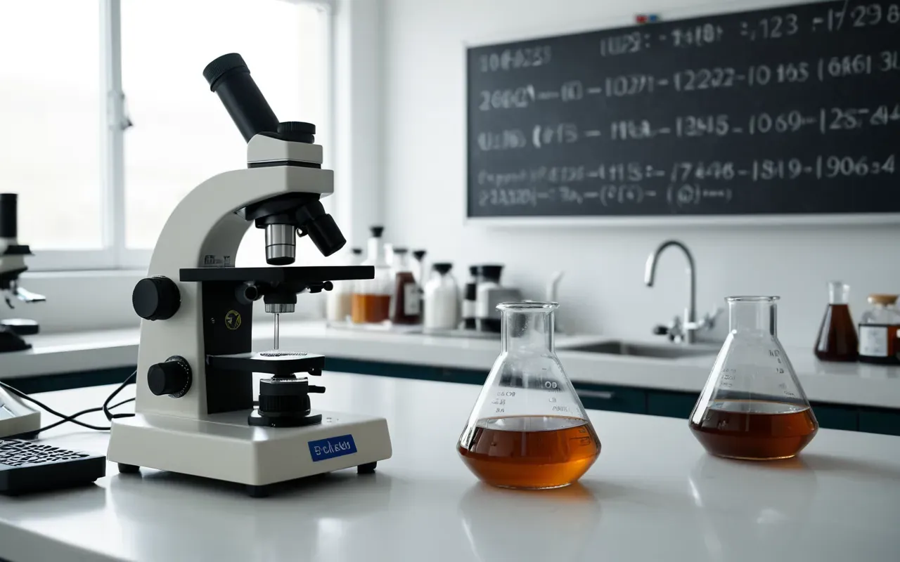 coffee chemical analysis lab A scientific laboratory setting with glass beakers containing brown liquid and a microscope on a clean white counter.