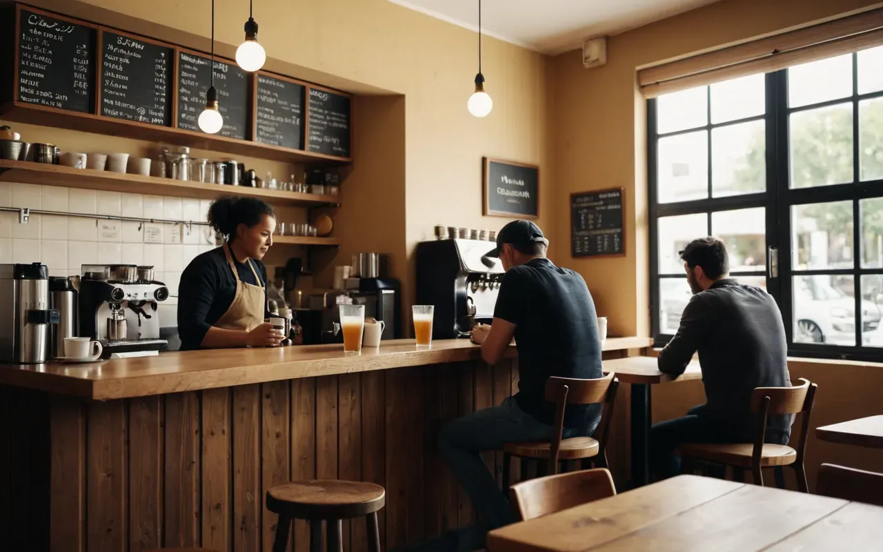A sunlit cafe interior with light wood tables and simple chairs. Two customers sit at a corner table while a barista prepares drinks behind the counter in soft natural daylight.