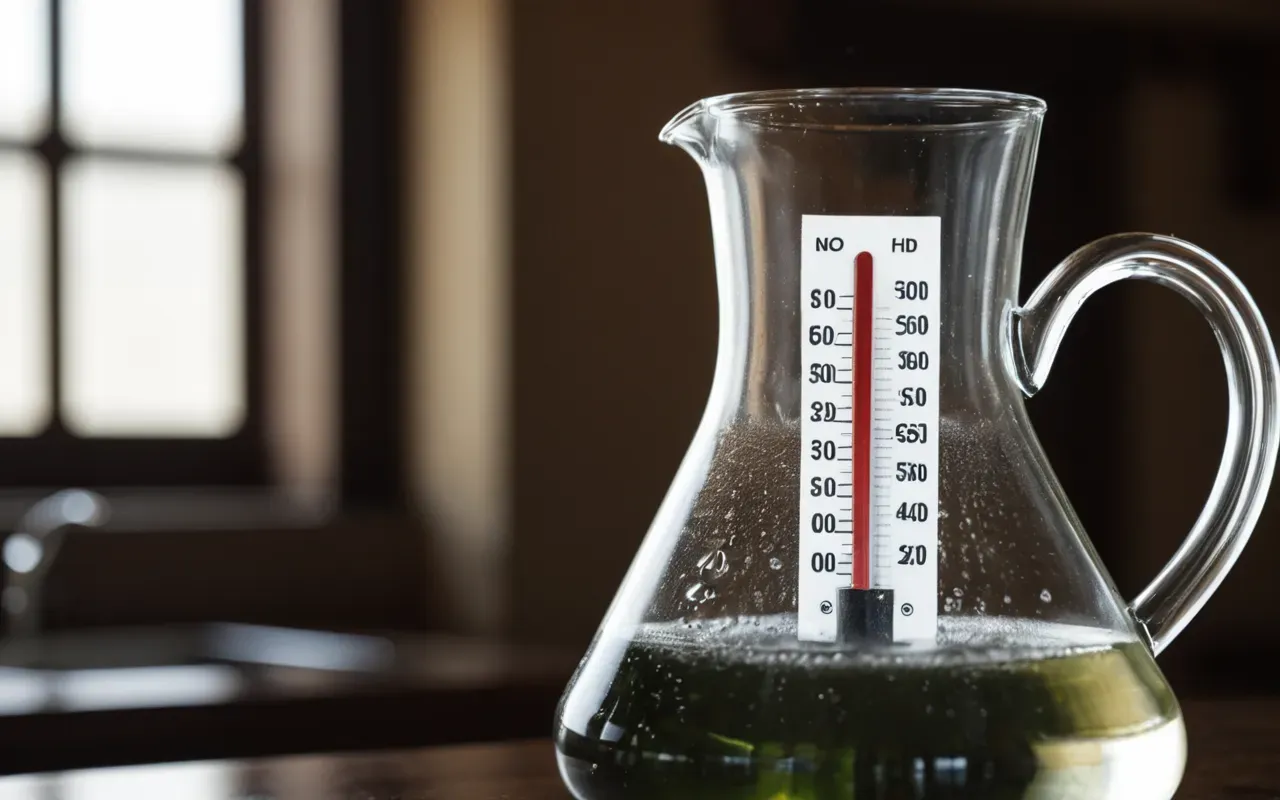 measuring brewing temperature precision A thermometer submerged in hot water inside a glass carafe with steam rising and blurred background.