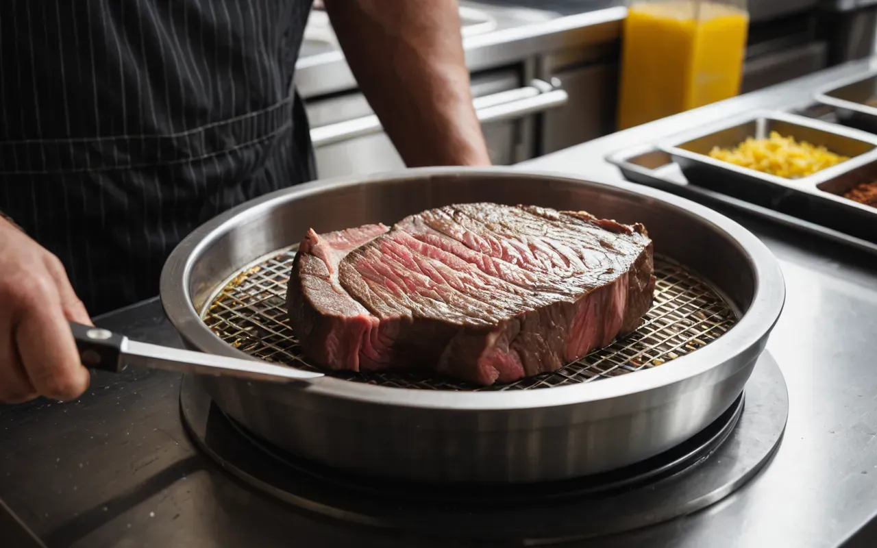 meat tenderizing method A thick cut of raw steak being rubbed with a brown paste in a glass bowl on a stainless steel kitchen prep table