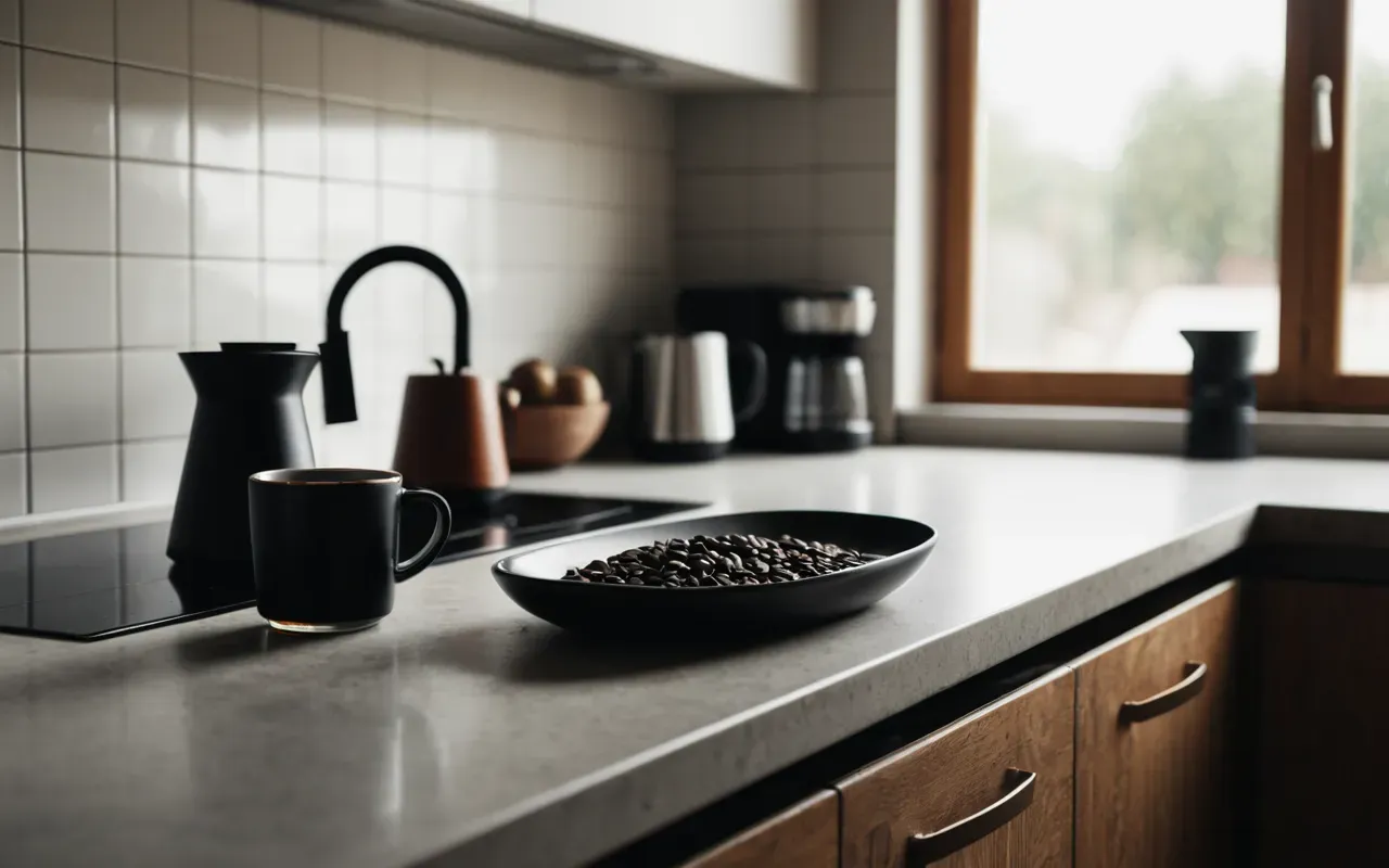 A wide shot of a minimalist kitchen counter with a single ceramic mug filled with black coffee and a small glass carafe beside it bathed in soft diffused daylight creating a serene peaceful morning setting free from any clutter or decorative items.