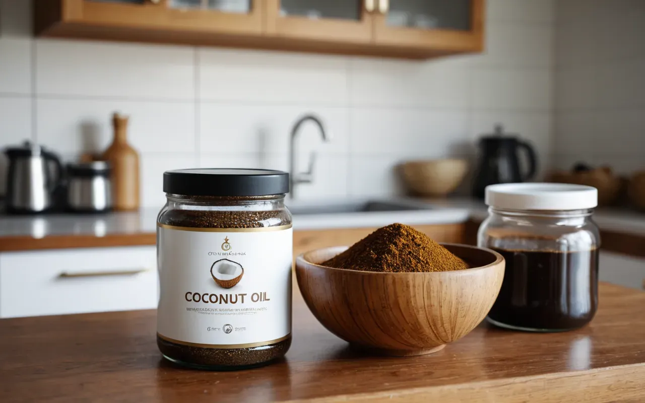 homemade coffee scrub recipe A wooden bowl filled with a mixture of ground coffee and golden coconut oil next to a glass jar on a bright kitchen counter