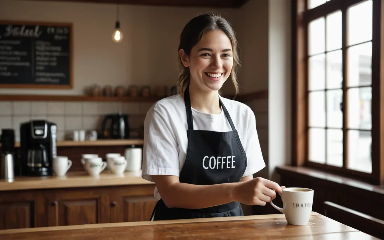A young woman in an apron smiles while handing a ceramic coffee cup to a customer across a polished wooden counter. Soft morning light enters from large windows behind them and fresh pastries sit on small plates nearby.