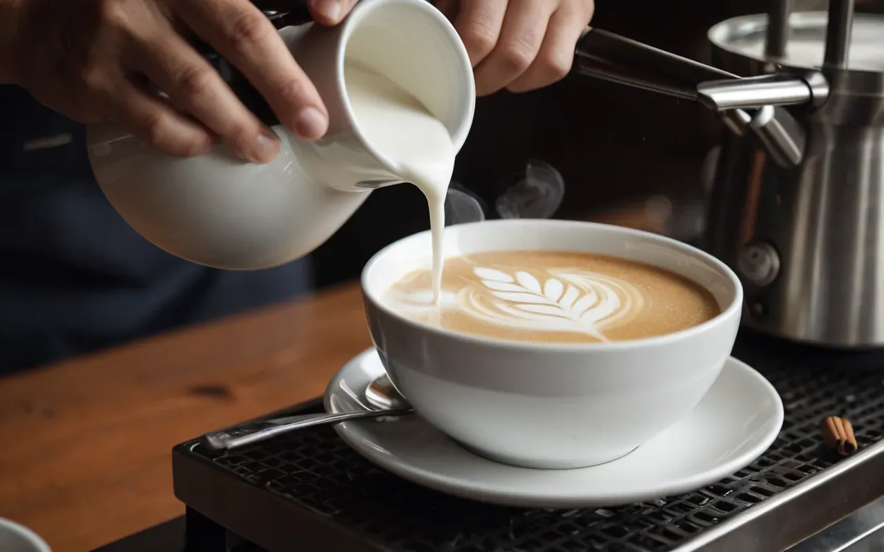 Close-up of a barista's hands carefully pouring steamed milk into a white ceramic cup with smooth technique and soft lighting.