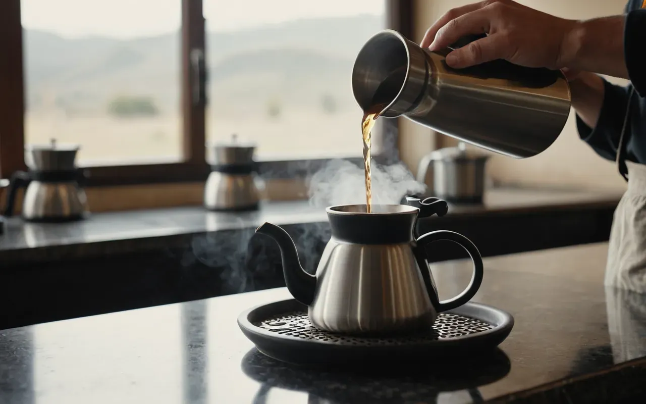 Close up of a barista's hands carefully pouring hot water from a gooseneck kettle into a ceramic pour over cone, steam rising gently in soft natural light