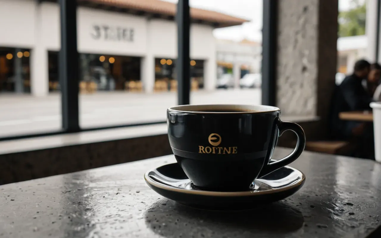ceramic cup black coffee Close up of a ceramic cup filled with black coffee on a concrete table surface with soft natural window light and blurred background of a modern cafe interior