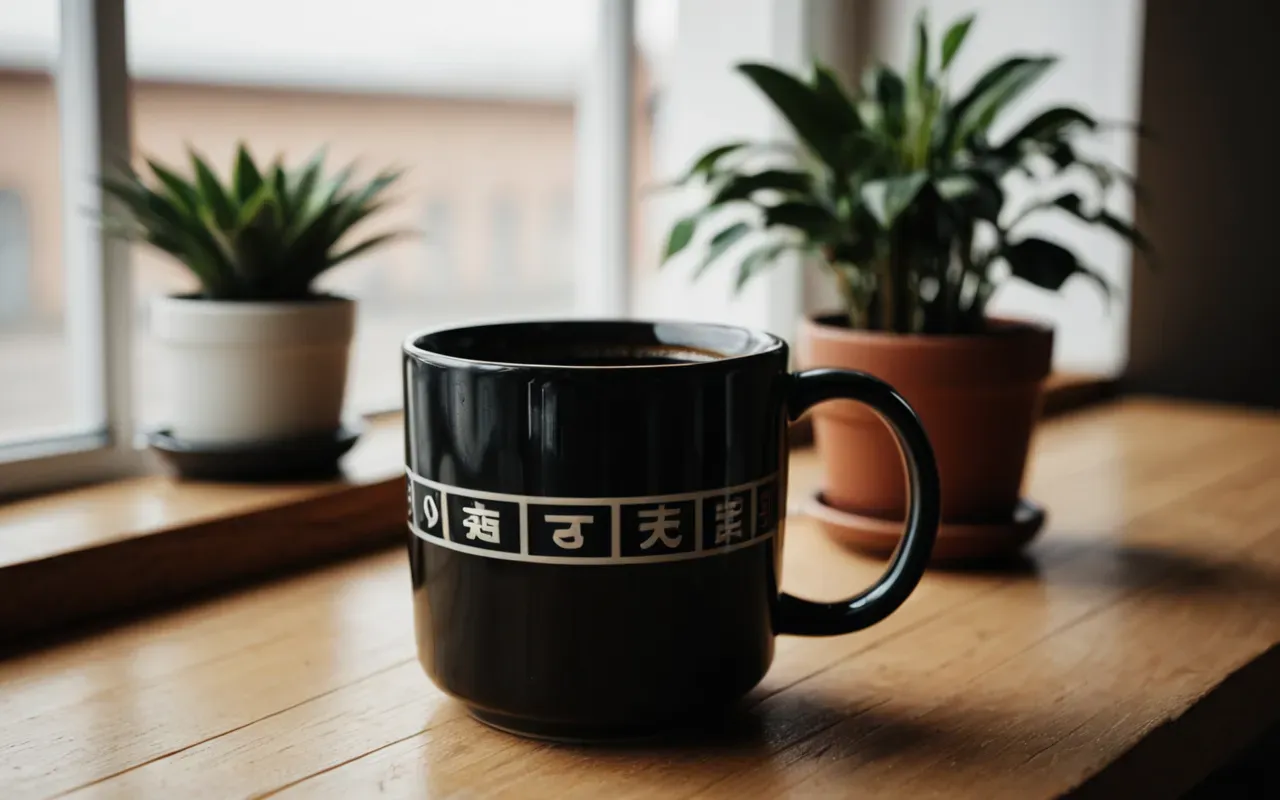 Close up of a ceramic mug filled with black coffee on a light wooden surface next to a small potted plant and soft shadows cast by window light.