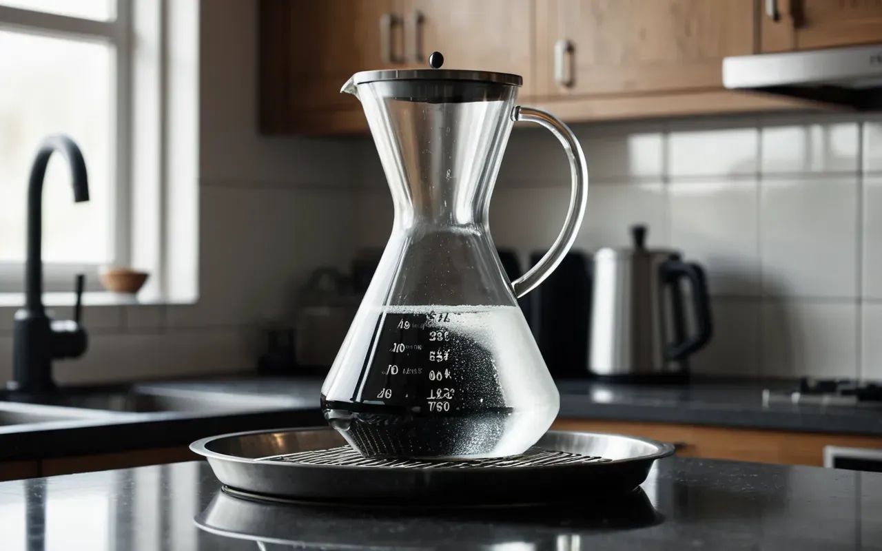 Close up of a glass carafe filled with clear amber liquid next to a metal sieve in a modern kitchen setting