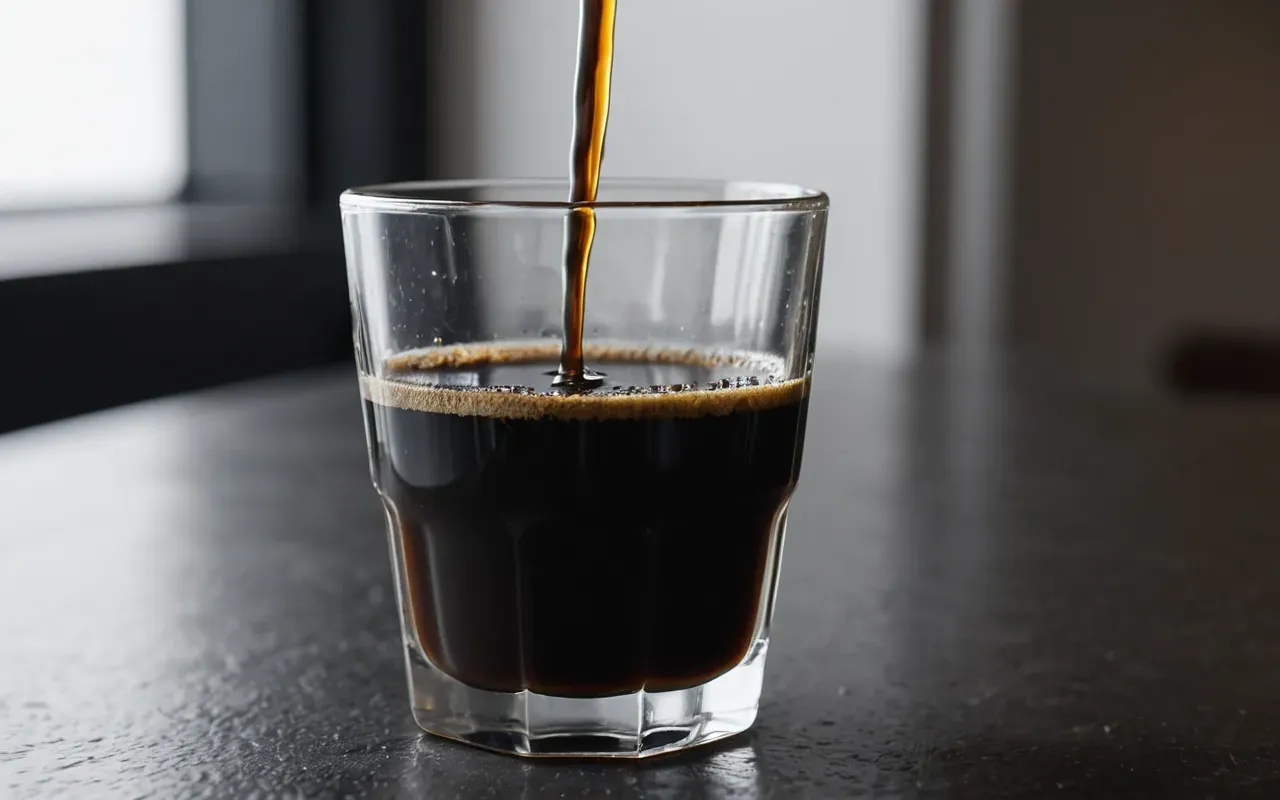 Close up of a glass cup filled with dark coffee liquid showing clear separation between the brewed liquid and settled grounds at bottom in bright studio lighting environment