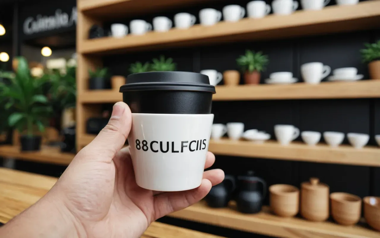 Close-up of a hand holding a ceramic cup of black coffee against a blurred background of wooden shelves and green plants in a bright modern cafe setting