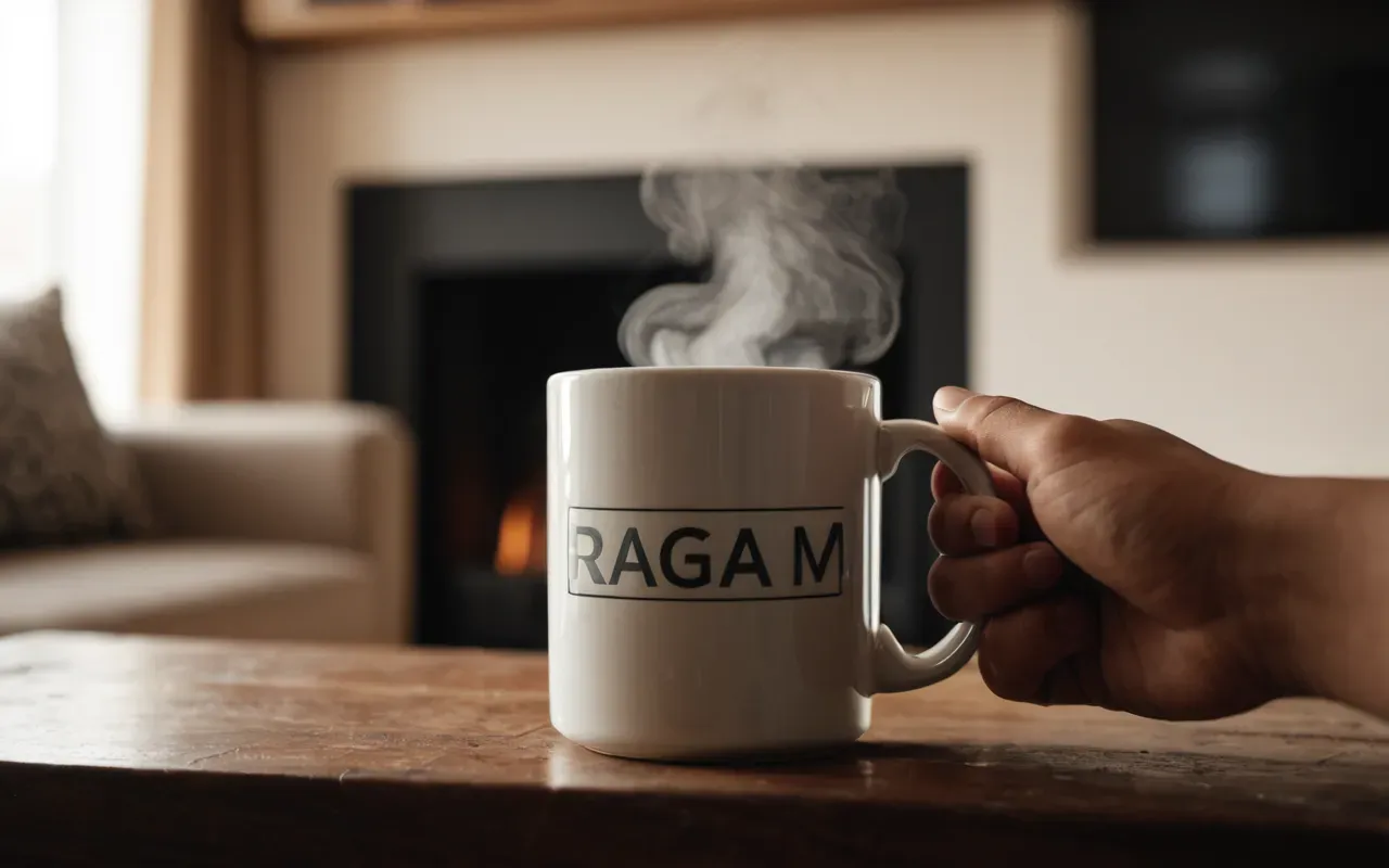 Close up of a hand holding a ceramic mug with steam rising. Soft focus background shows a cozy modern living room setting in warm tones.