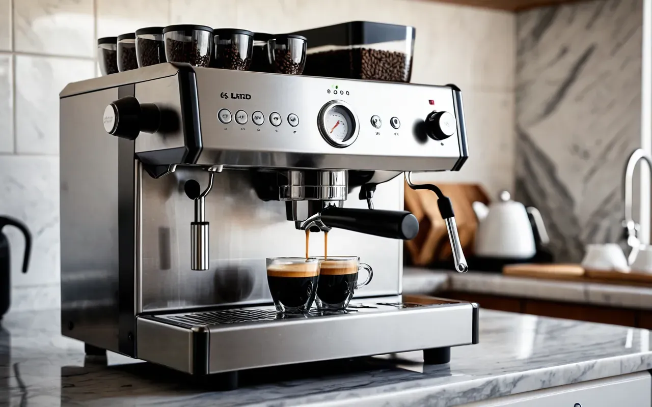 Close-up of a modern steel espresso machine on a clean marble countertop with soft morning light and steam rising gently from the portafilter area.