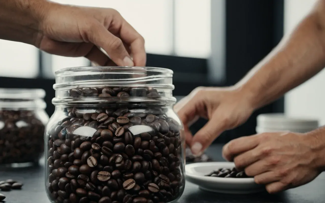 Close up of a person hand selecting coffee beans from a clear glass jar in a modern minimalist setting. Soft diffused lighting highlights the texture of the beans.