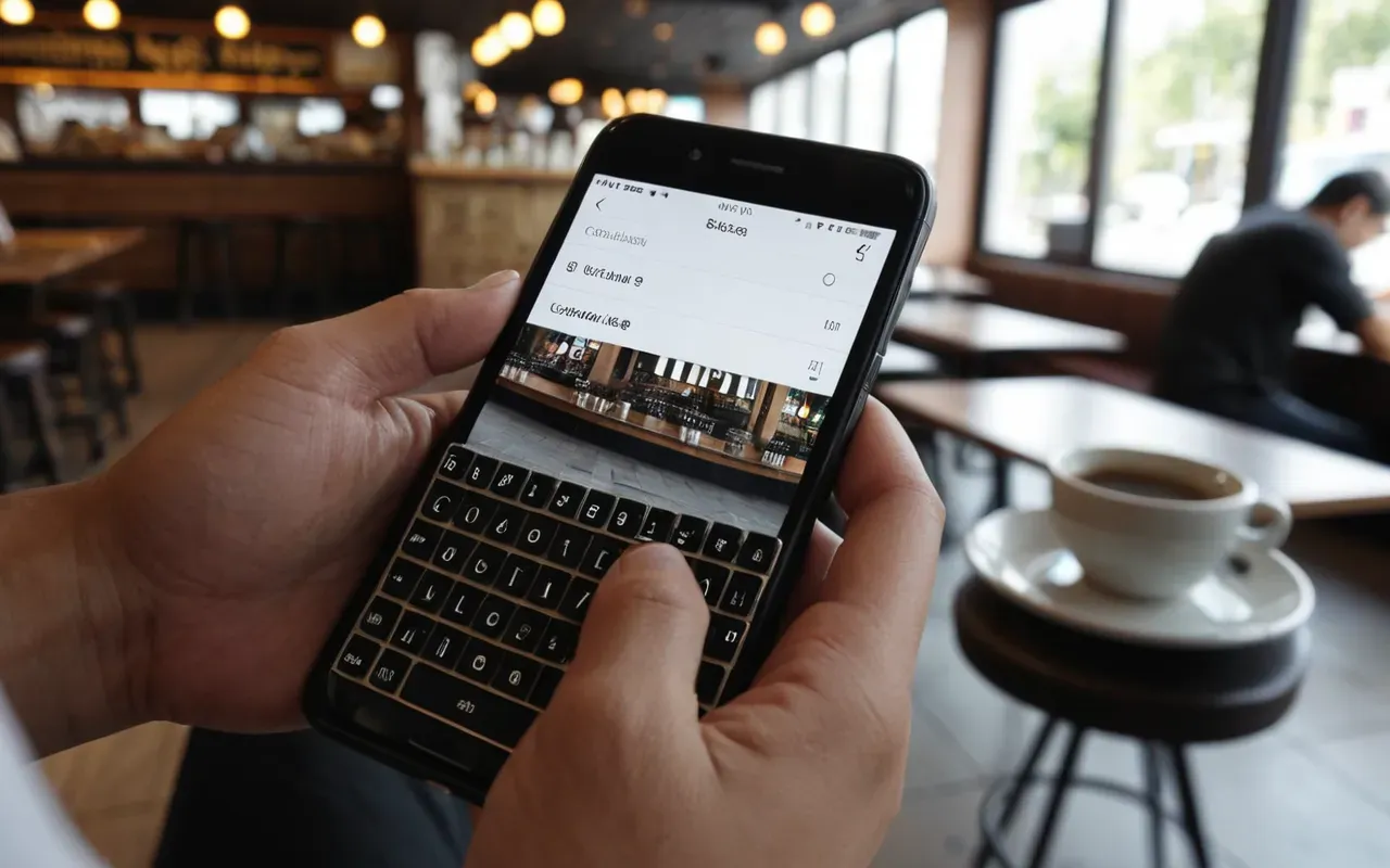 Close-up of a person typing on a smartphone keyboard in a modern cafe with soft natural lighting and blurred background