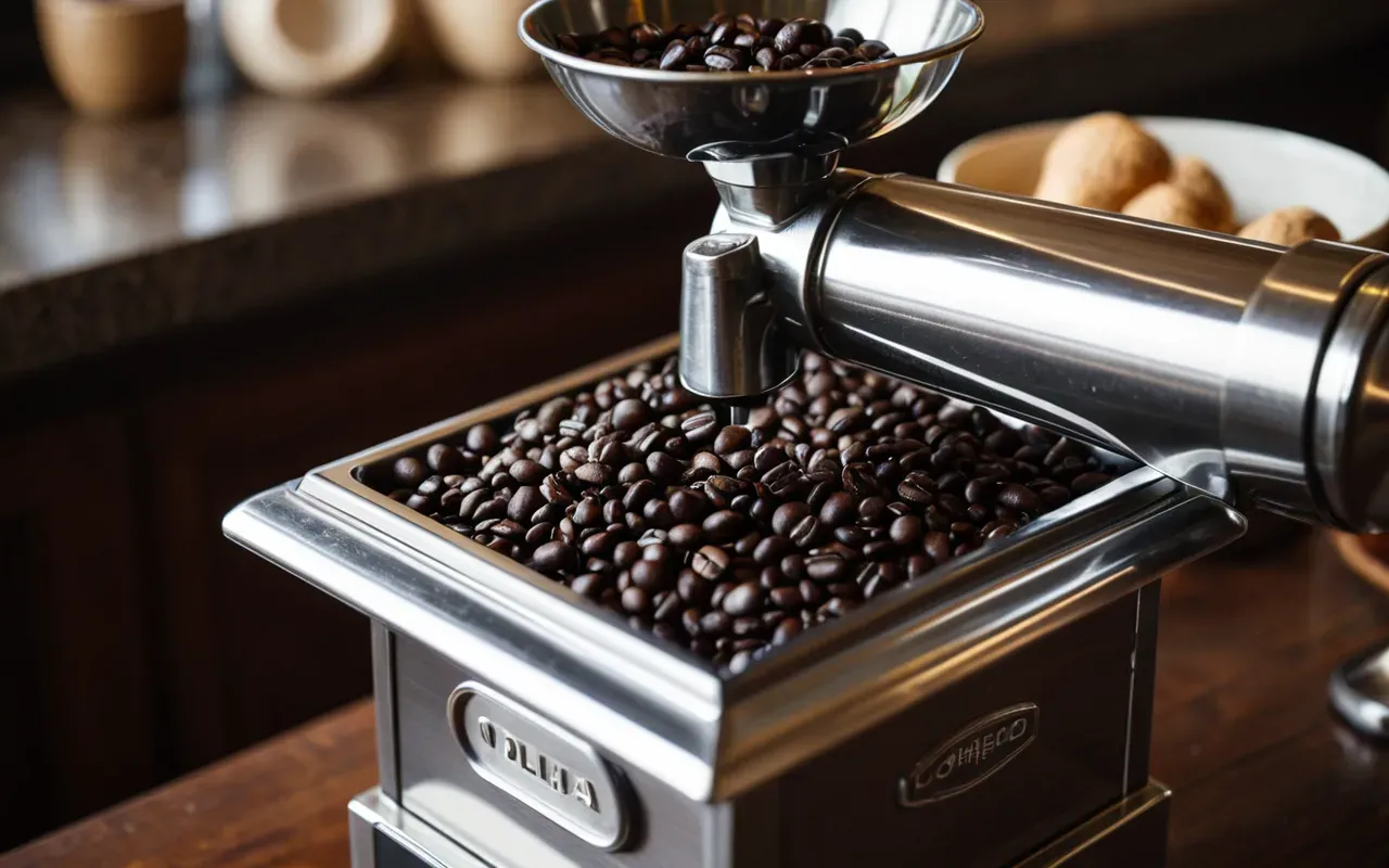 Close-up of a shiny metal coffee grinder filled with dark roasted beans ready to be ground for a fresh cup.
