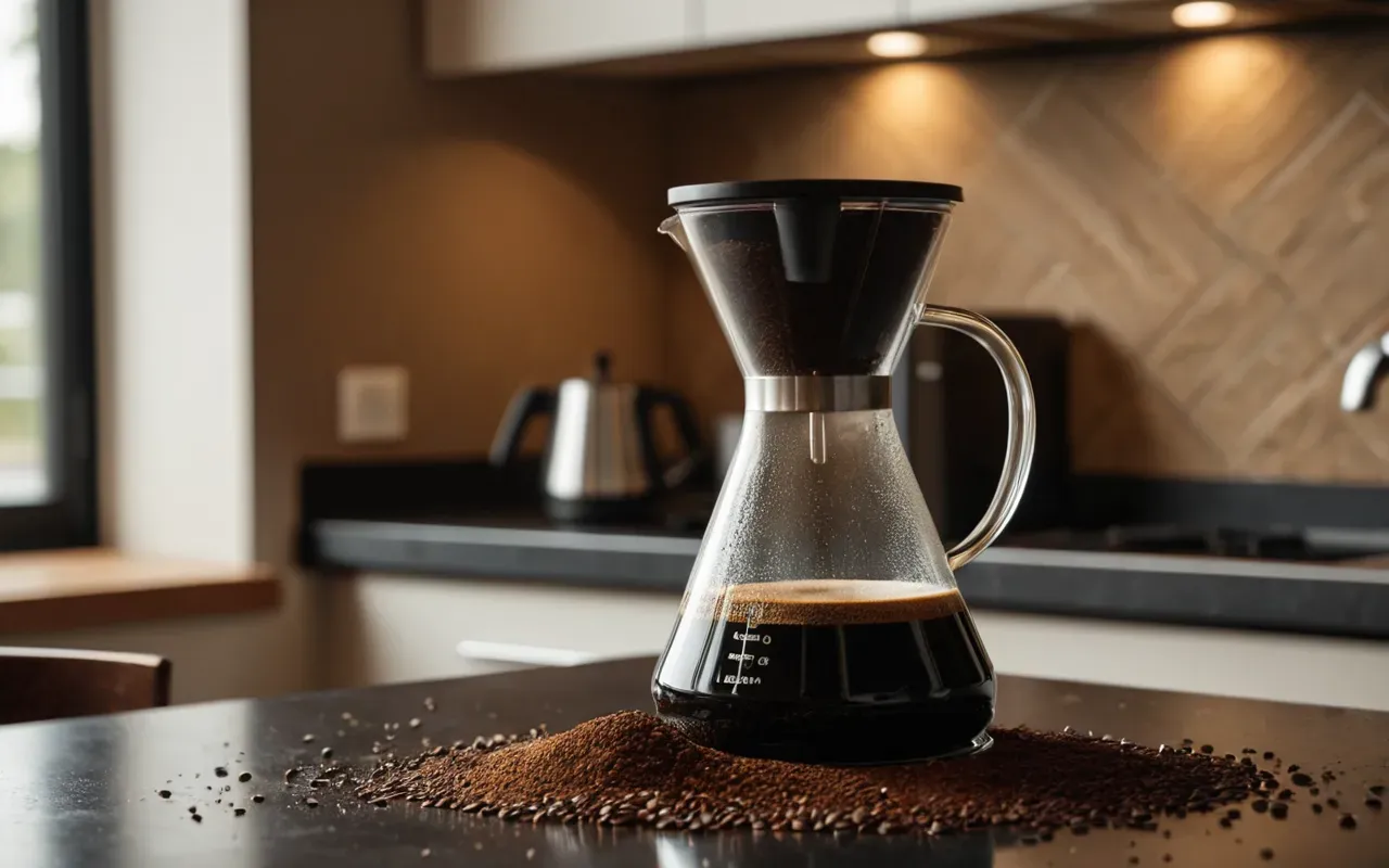 Close up of coffee grounds falling into a glass carafe with shallow depth of field and warm ambient lighting in a modern kitchen setting.