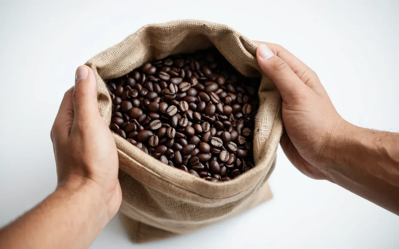 Close up of hands holding a bag of roasted coffee beans against a clean white background with soft diffused lighting and shallow depth of field