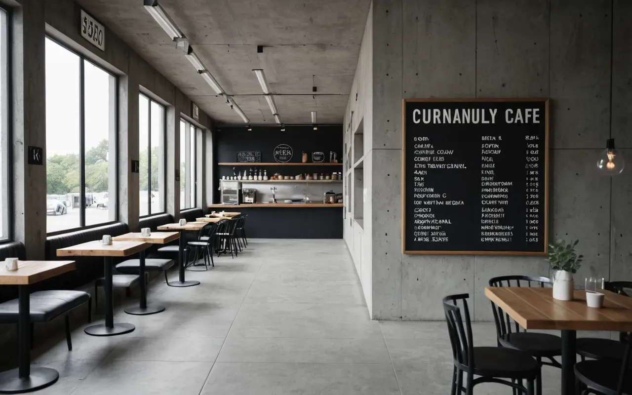 Editorial photograph of modern minimalist cafe interior with concrete walls and large windows showing natural daylight streaming in from outside without any visible people or text signage present.