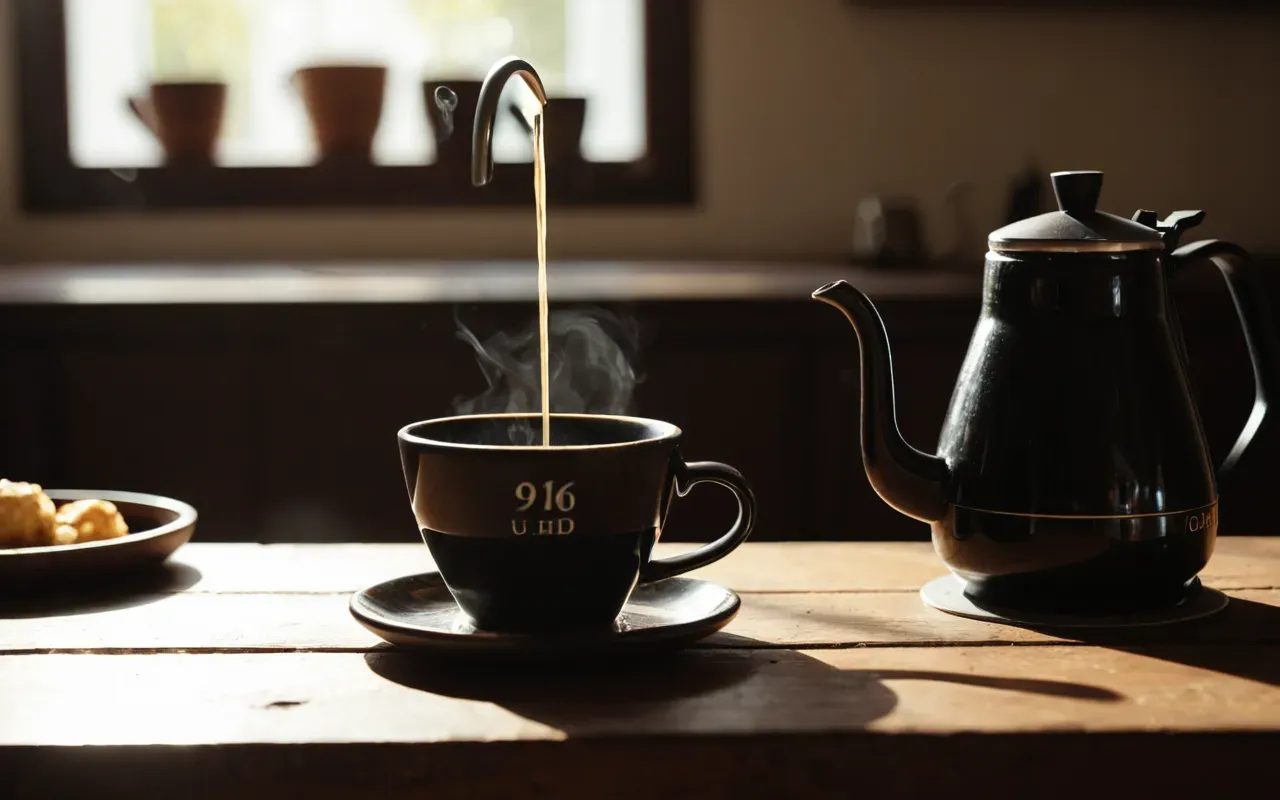 Editorial still life of a ceramic pour over dripper on a wooden table with a kettle and a cup. Soft morning light creates long shadows across the surface.