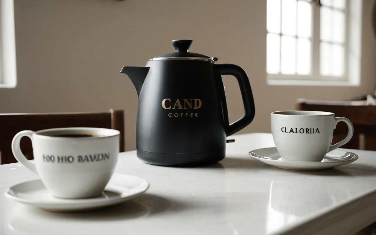 Editorial still life of a glass coffee pot and ceramic mugs on a clean white table with soft natural light casting gentle shadows.
