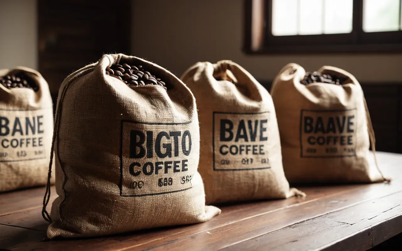 Editorial still life of brown coffee bean bags on a wooden table with soft diffused light and no visible labels or text on the packaging surfaces.