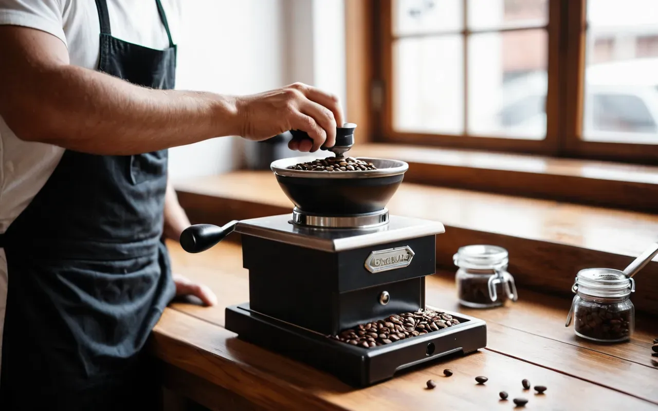 manual bean grinder hands Hands of a barista grinding coffee beans with a manual hand grinder on a wooden counter in bright natural light from the side window