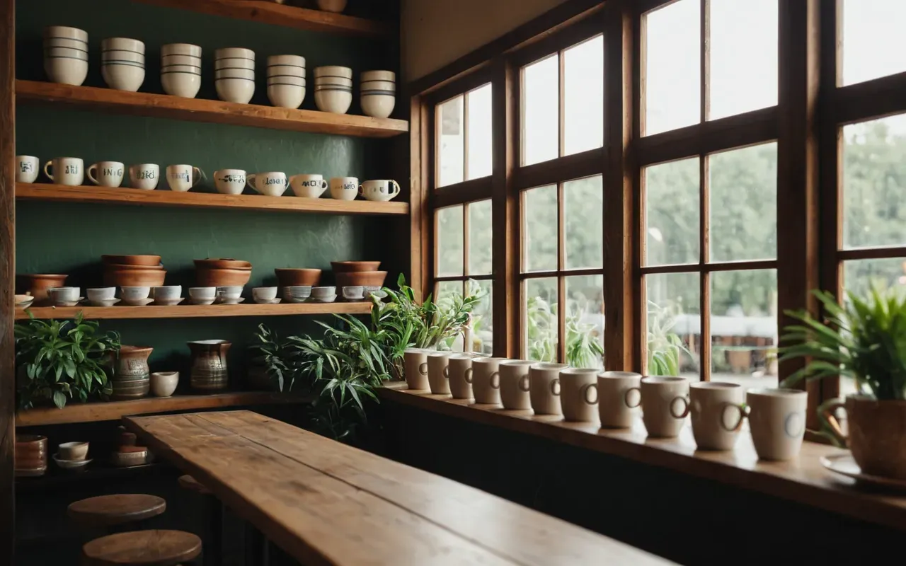 cozy cafe interior view Interior of a cozy cafe with large windows showing green plants outside and wooden shelves filled with ceramic cups in warm afternoon light