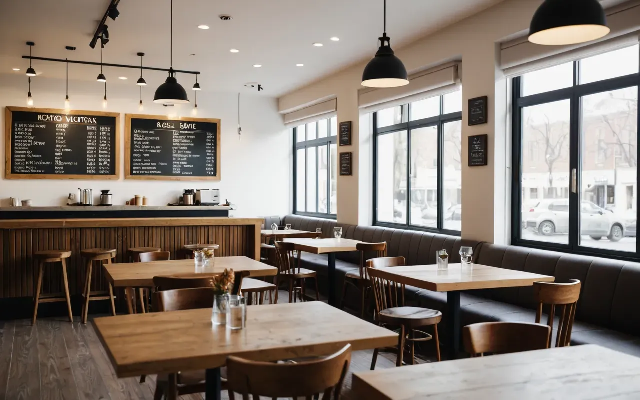 Interior of a cozy modern cafe with four wooden tables and large windows letting in bright daylight, neutral color palette and minimalist furniture arrangement
