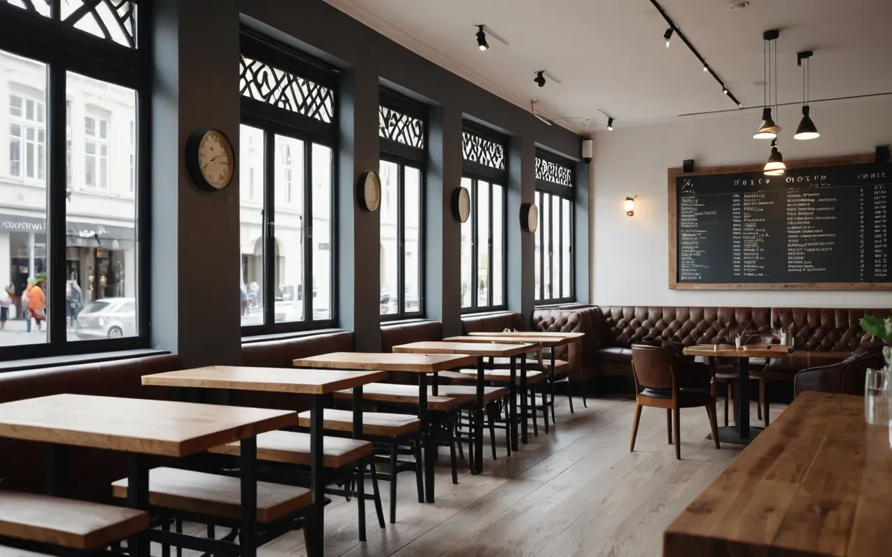Interior of a modern boutique cafe with wooden tables and large windows letting in soft daylight while customers sit comfortably in neutral clothing.