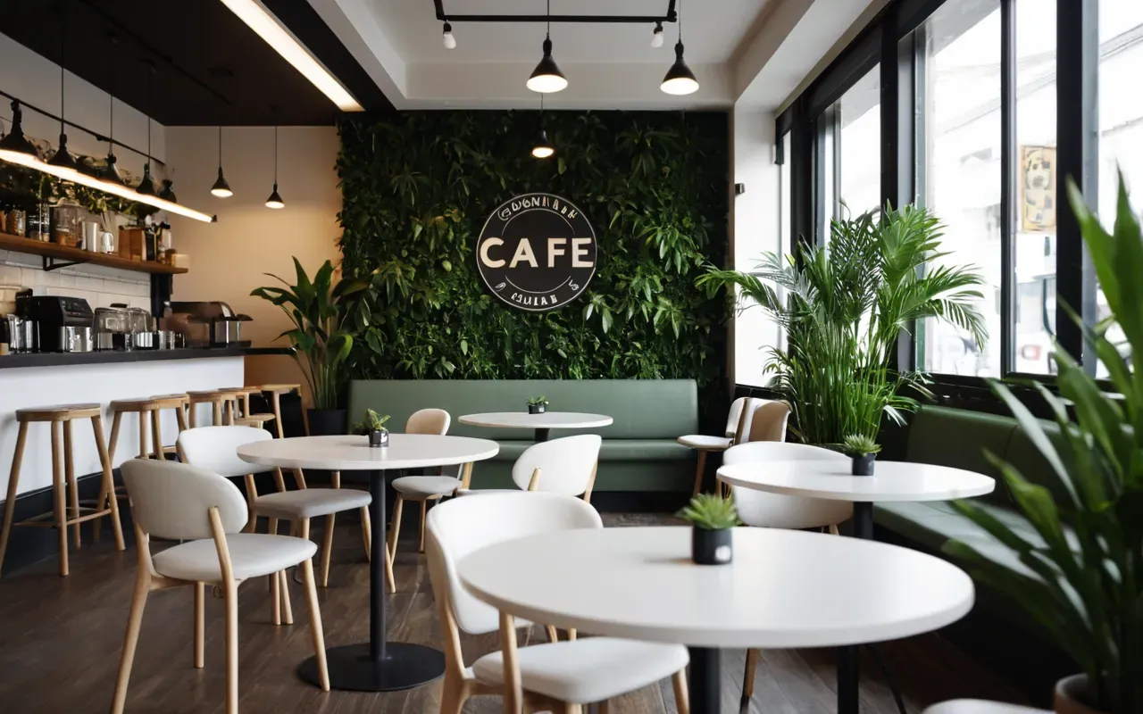 Interior of a modern cafe with green plants in the corners and simple white furniture arranged around small round tables.
