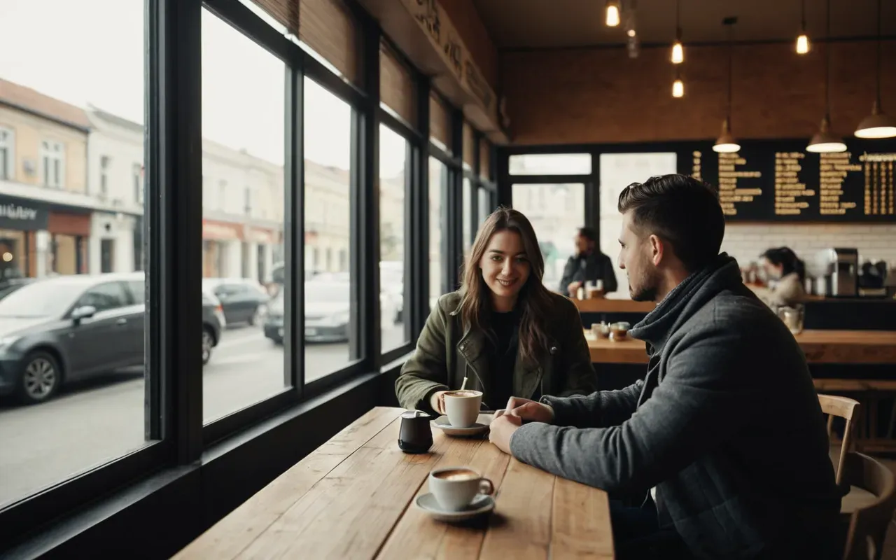 Interior of a modern cafe with large windows and neutral tones. Two people sit at a wooden table sharing a pot of coffee in warm afternoon light.